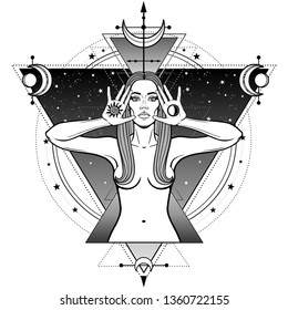 Mystical drawing: beautiful woman holds symbols of  sun and moon in hand. Background - star sky, Sacred geometry. Alchemy, magic, esoteric, occultism. Monochrome Vector Illustration isolated 