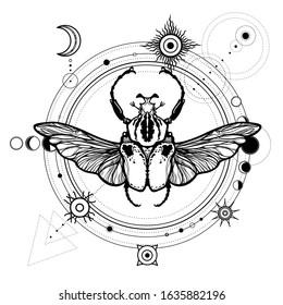 Mystical drawing: bug Goliath, moon phases, orbits of planets, energy circle. Sacred geometry. Alchemy, magic, esoteric, occultism. Monochrome Vector Illustration isolated on a white background