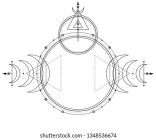 Mystical drawing: circles, triangles, moon, scheme of energy. Sacred geometry. Alchemy, magic, esoteric, occultism. Monochrome Vector Illustration isolated on a white background.