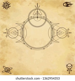 Mystical drawing: circles, triangles, moon, scheme of energy. Sacred geometry. Space symbols. Alchemy, magic, esoteric, occultism. Background - imitation of old paper. Vector illustration.