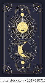 Mystical drawing concept. Golden sun and moon with face. Magic tarot card. Lunar cycle and esoteric sign. Line art on dark background. Abstract boho illustration for wall decoration and card printing