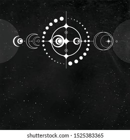 Mystical drawing: crop circle UFO,  stylized space system. Alchemy, magic, esoteric, extraterrestrial. Sacred geometry.  Background - black star sky. Vector illustration. Print, poster, T-shirt, card.