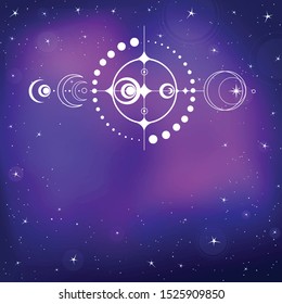 Mystical drawing: crop circle UFO,  stylized space system. Alchemy, magic, esoteric, occultism, extraterrestrial. Background - night star sky. Vector illustration. Print, poster, T-shirt, card