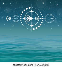 Mystical drawing: crop circle UFO,  stylized space system. Alchemy, magic, esoteric, occultism. Background - night star sky, ocean waves. Vector illustration. Place for the text.