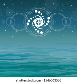 Mystical drawing: crop circle UFO,  stylized space system. Alchemy, magic, esoteric. Sacred geometry.  Background - night star sky, ocean waves. Vector illustration. Place for the text.