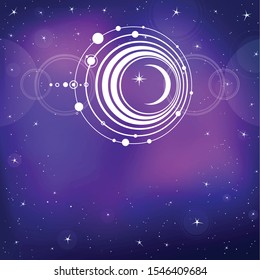 Mystical drawing: crop circle UFO,  stylized space system. Alchemy, magic, esoteric. Background - blue star sky. Vector illustration. Print, poster, T-shirt, card.