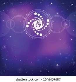 Mystical drawing: crop circle UFO,  stylized space system. Alchemy, magic, esoteric, extraterrestrial. Sacred geometry.  Background - blue star sky. Vector illustration. Print, poster, T-shirt, card.