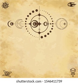 Mystical drawing: crop circle UFO,  stylized space system. Alchemy, magic, esoteric, occultism. Background - imitation of old paper. Vector illustration. Place for the text.