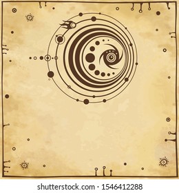 Mystical drawing: crop circle UFO,  stylized space system. Alchemy, magic, esoteric, occultism, extraterrestrial. Background - imitation of old paper. Vector illustration.