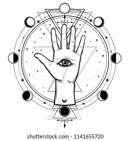 Mystical drawing: divine hand, all-seeing eye, circle of a phase of the moon. Sacred geometry. Vector illustration isolated on a white background. Print, poster, t-shirt, card.