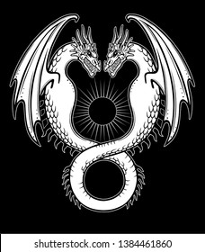 Mystical drawing: a double dragon, Uroboros, a snake with two heads. Alchemy, magic, esoterics, occultism, fairy tale. Vector illustration isolated on a black background.
