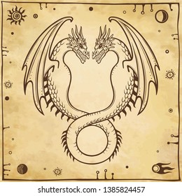 Mystical drawing: double dragon, Uroboros, a snake with two heads. Alchemy, magic, esoteric, occultism, fairy tale. Space symbols.Background - imitation of old paper. Vector illustration.