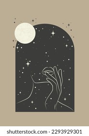 Mystical drawing with face, moon and stars poster. Astrology or sacred art.