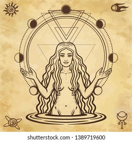 Mystical drawing: the female goddess, Circle phase of the moon. Magic, esoteric, occultism, fairy tale. Space symbols. Background - imitation of ancient paper.  Vector illustration.