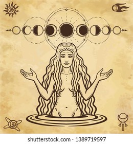 Mystical drawing: the female goddess with long hair. Phase of the moon. Space symbols. Magic, esoteric, occultism, fairy tale. Background - imitation of ancient paper.  Vector illustration.