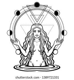 Mystical drawing: the female goddess with long hair. Circle phase of the moon. Magic, esoteric, occultism, fairy tale. Vector illustration isolated on a white background. Print, poster, t-shirt, card.