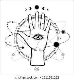 Mystical drawing: human hand holds the universe. Planets and stars rotate in orbits around the palms. Monochrome vector illustration isolated on white background. Print, poster, T-shirt, postcard.
