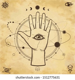 Mystical drawing: human hand holds the universe. Planets and stars rotate in orbits around the palms. Background - imitation of old paper. Vector Illustration. Print, poster, T-shirt, postcard.