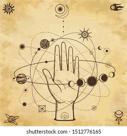 Mystical drawing: human hand holds the universe. Planets and stars rotate in orbits around the palms. Background - imitation of old paper. Vector Illustration. Print, poster, T-shirt, postcard.