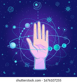 Mystical drawing: human hand holds the universe. Planets and stars rotate in orbits around the palms. Background - Night star sky. Vector Illustration. Print, poster, T-shirt, postcard.