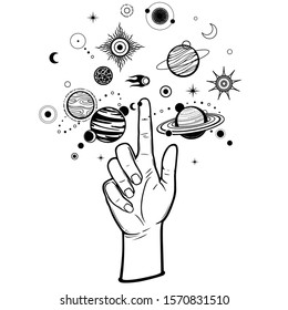 Mystical drawing: human hand Indicates space symbols. Planets, stars, solar system. Monochrome vector illustration isolated on white background. Print, poster, T-shirt, postcard.