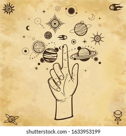 Mystical drawing: human hand Indicates space symbols. Planets, stars, solar system.  Background - imitation of old paper. Vector Illustration.