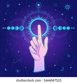 Mystical drawing: human hand points to the sun. Cosmic symbols, phases of the moon.  Background - night star sky. Color vector illustration.