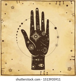 Mystical drawing: In the human hand is the universe: stars, comet, cosmic symbols.Alchemy, esoterics, chiromancy.Background - imitation of old paper. Vector Illustration. Print, poster, T-shirt, card