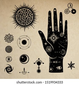 Mystical drawing: In the human hand is the universe. Set cosmic symbols: sun, moon, asteroid, black hole. Science, alchemy, esoteric. Background - imitation of old paper. Vector Illustration. 