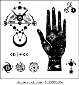 Mystical drawing: In the human hand is the universe. Cosmic symbols:  planets, asteroid, black hole. Mysterious crop circle UFO. Vector Illustration Isolated on a white background. Print,T-shirt,card.