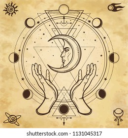 Mystical drawing: human hands hold the moon. Sacred geometry. Alchemy, magic, esoteric, occultism. Background - imitation of old paper. Vector Illustration.