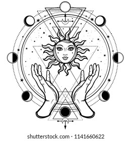 Mystical drawing: human hands hold the sun  Circle phase the moon  Sacred geometry  Vector illustration isolated white background  Print  potser  t  shirt  card  