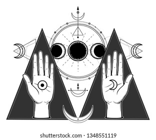 Mystical drawing: human hands hold lunar symbols. Phases of the moon, energy circles. Sacred geometry. Alchemy, magic, esoteric, occultism. Monochrome Vector Illustration isolated 