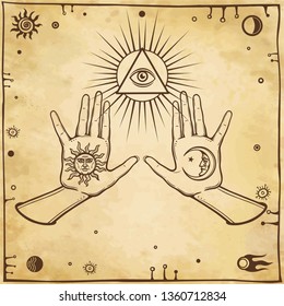 Mystical drawing - human hands hold symbols of the sun and the moon. Eye of Omniscience. Space signs. Alchemy, magic, esoteric, occultism. Background - ancient paper. Vector illustration.