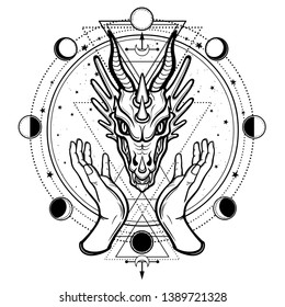 Mystical drawing: human hands hold the head of a dragon. Space symbols. Circle phase of the moon. Magic, esoteric, occultism, fairy tale. Vector illustration isolated on a white background.