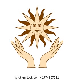 Mystical drawing: human hands hold the sun. Circle of a phase of the moon. Sacred geometry.