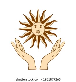 Mystical drawing: human hands hold the sun. Circle of a phase of the moon. Sacred geometry.