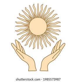 Mystical drawing: human hands hold the sun. Circle of a phase of the moon. Sacred geometry.