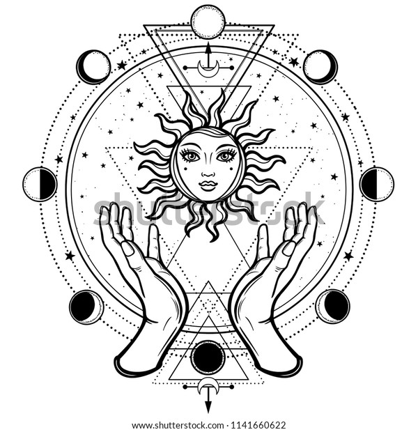 神秘的な描画 人間の手が太陽を支える 月相の円 神聖なジオメトリ 白い背景にベクターイラスト 印刷 ポスター Tシャツ カード のベクター画像素材 ロイヤリティフリー