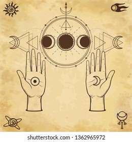 Mystical drawing: human hands, phases of the moon. Sacred geometry. Space symbols. Alchemy, magic, esoteric, occultism. Background - imitation of old paper. Place for the text. Vector illustration.