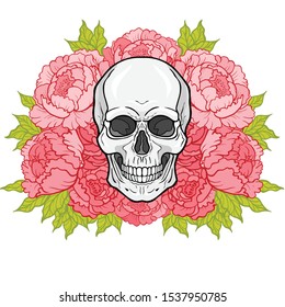 Mystical drawing:  human skull, bouquet of flowers. Magic, esoteric, occultism. Vector illustration isolated on white background. Print, poster, T-shirt, card. 