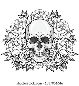 Mystical drawing:  human skull, bouquet of flowers. Magic, esoteric, occultism. Vector illustration isolated on white background. Print, poster, T-shirt, card. 
