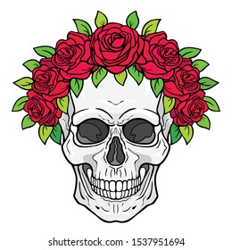 Mystical drawing:  human skull in a crown of roses. Magic, esoteric, occultism. Vector illustration isolated on white background. Print, poster, T-shirt, card. 