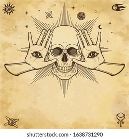 Mystical drawing: Human skull, female hands, all-seeing eye. Alchemy, magic, esoteric, occultism. 
Background - imitation of old paper. Vector Illustration.