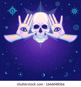 Mystical drawing: Human skull, female hands, all-seeing eye. Alchemy, magic, esoteric, occultism. Background - night star sky. Color vector illustration. Place for the text.