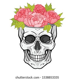 Mystical drawing:  human skull - flower vase. Magic, esoteric, occultism. Vector illustration isolated on white background. Print, poster, T-shirt, card. 