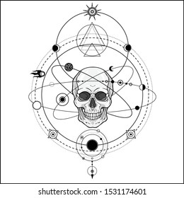  Mystical drawing: Human skull,
Planet orbits, cosmic symbols. Alchemy, magic, esoteric, occultism. Monochrome vector illustration isolated on white background.Print, poster, T-shirt, card. 