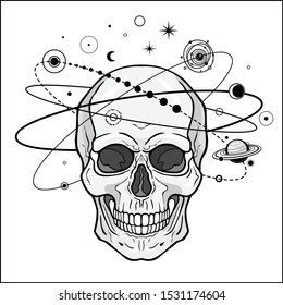  Mystical drawing: Human skull,
Planet orbits, cosmic symbols. Alchemy, magic, esoteric, occultism. Monochrome vector illustration isolated on white background.Print, poster, T-shirt, card. 