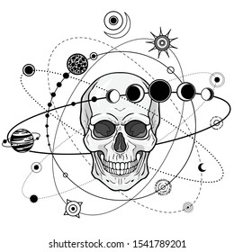 Mystical drawing: Human skull,
Planet orbits, cosmic symbols. Alchemy, magic, esoteric, occultism. Monochrome vector illustration isolated on white background.Print, poster, T-shirt, card. 