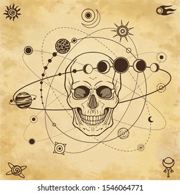 Mystical drawing: Human skull,
planet orbits, cosmic symbols. Alchemy, magic, esoteric, occultism.  Background - imitation of old paper, vector illustration. Print, poster, T-shirt, card. 